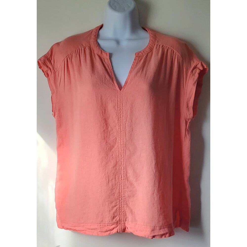 😺 Splendid Womens Coral Cotton Short Sleeve Blouse Size Med Beachy Travel Boho